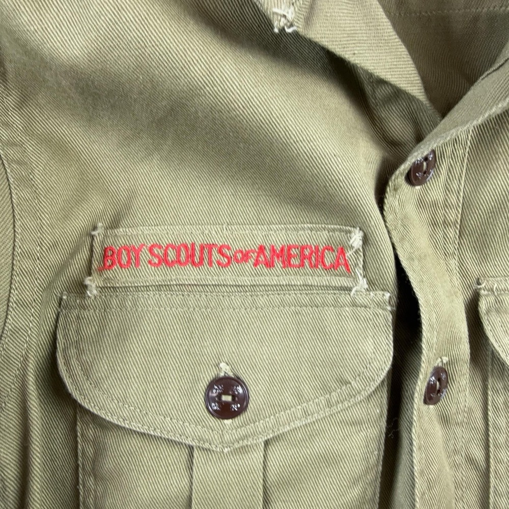 Vintage Boy Scouts Of America Shirt Boys Medium Green Uniform Twill Patches - Picture 4 of 13
